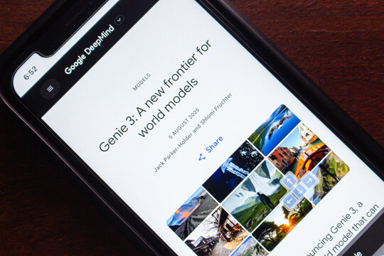 Mexico City, MEXICO - Aug 13 2025 : Mobile screen showing Google DeepMind&rsquo;s article about Genie 3, an advanced AI model exploring world simulation and generative environments.