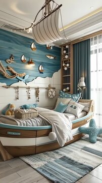 This whimsical children's bedroom brings the sea to life with its nautical theme. Featuring a unique ship-shaped bed and ocean-inspired decor, it creates a fun and imaginative space for play.