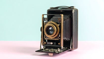 Vintage folding camera, black exterior, gold accents, bellows partially extended, on pink and blue background