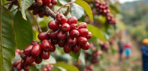 Luscious ripe coffee cherries on branch, blurred background showing plantation activity,  detail,  agriculture
