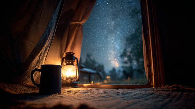 Warm lantern light illuminates a dark tent interior at night, showcasing a mug and the starry sky visible through the tent flap. Peaceful camping scene.