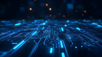 Abstract digital circuit board with glowing lights and data flow concept