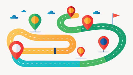 A visual timeline with directional arrows and pinned markers, representing chronological events or key points..eps