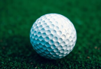 Fototapeta premium Close-up of a dimpled golf ball on a green putting surface, equipment, sport equipment