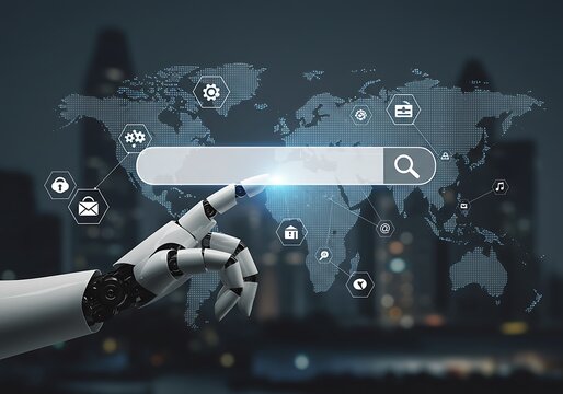 A robotic hand is touching a futuristic search bar superimposed over a global digital network map.
- Powered by Adobe