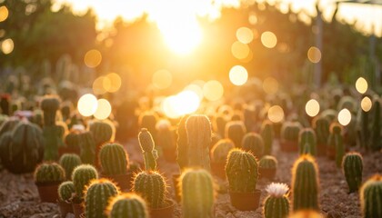Cactus Nursery Bathed in Golden Sunset Flare and Dreamy Bokeh