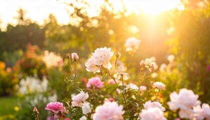 A Dreamy Rose Garden Bathed in the Luminous Glow of a Golden Sunset