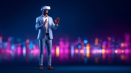 A man in a suit uses a virtual reality headset, interacting with a vibrant, futuristic cityscape glowing with colorful lights.