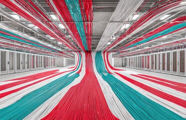 Colorful cables cascade through a server room