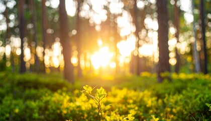 Golden Sunset Glow Illuminates a Lone Sprout in a Dreamy Bokeh Forest