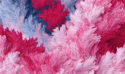Abstract textured surface of fluffy,  vibrant pink and blue,  fringe-like shapes