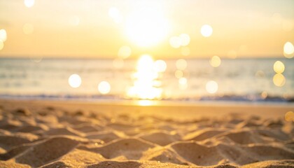 Low Angle on Golden Sand with a Dreamy, Sparkling Sunset Seascape Bokeh