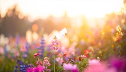 Pink Lupines and a Lone Cosmos in a Meadow's Golden Sunset Glow