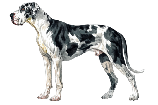 Vintage scientific illustration of a majestic Harlequin Great Dane dog in a standing profile pose.