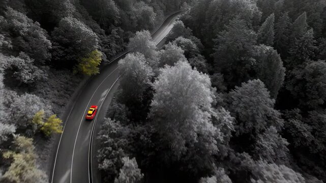 Elektroauto aus Drohnenperspektive mit Farbwechseleffekt im Wald &ndash; Schwarz-Wei&szlig; zu leuchtender Natur. K&uuml;nstliche Intelligenz KI