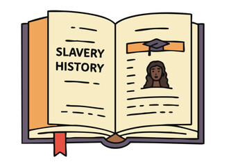 open book illustration reveals history page featuring a graduate and a portrait symbolizing historical truth Clean modern design with a muted color palette