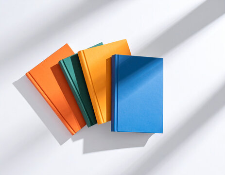 Overhead colorful book stack with long morning shadows