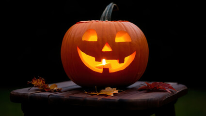 Obraz premium A carved halloween pumpkin, known as a jackolantern, glows eerily with a candle inside, set against a dark background with autumn leaves