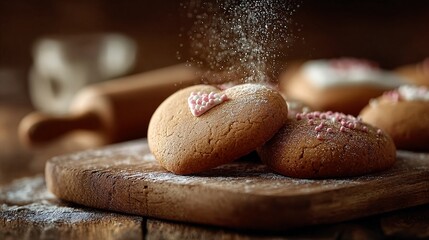 A wooden cutting board topped with cookies covered in sprinkles.