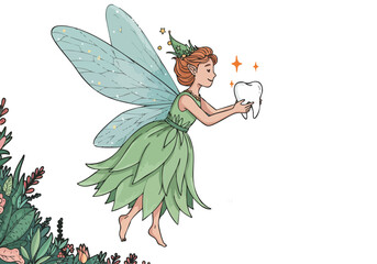 whimsical fairy gently holds a sparkling tooth promoting oral health Soft pastel colors and a magical forest backdrop create a charming inviting illustration Perfect for dental or hygiene marketing