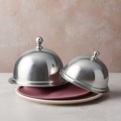 Obraz premium Premium Silver Serving Cloche Set with Reflective Metal Surface Modern Hospitality Symbol for Authentic Restaurant Marketing and Professional Social Media Content