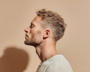 Obraz premium Modern Stylish Man with Fade Haircut and Subtle Stubble Premium Minimalist Profile Portrait for Millennial Male Fashion and Personal Care Marketing