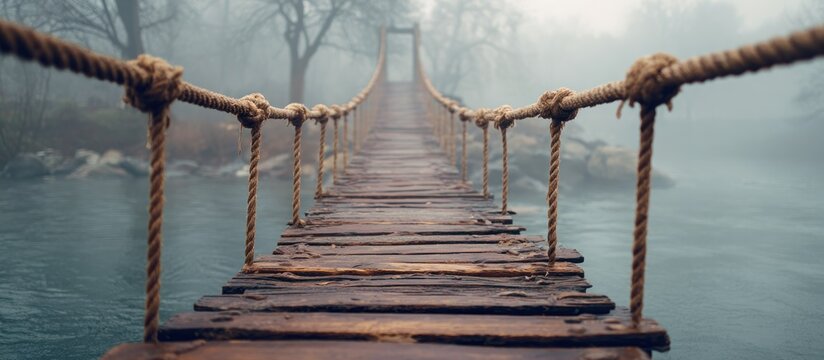 A weathered wooden suspension bridge stretches across a misty river, disappearing into the fog