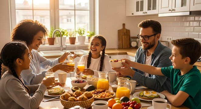 Multicultural family having a healthy breakfast in a modern kitchen
 - Powered by Adobe
