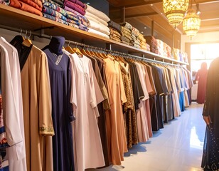Obraz premium Clothing store interior with rows of garments