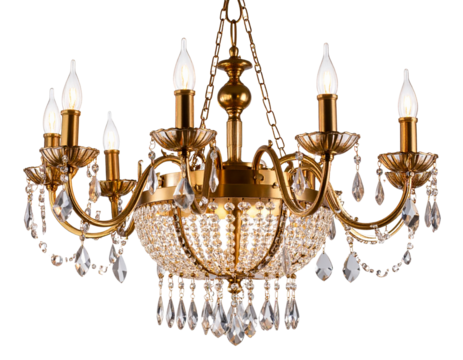 Golden Chandelier with Crystal Ornaments over Soft Bokeh Light Background PNG - Powered by Adobe