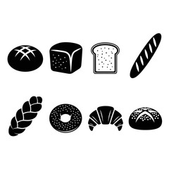 Selection of Different Bread Types in Black and White Simple Icon Style for Bakery or Restaurant Advertising and Menu Design Ideas