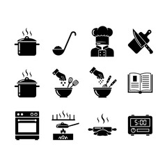 Collection of Black and White Kitchen and Cooking Icons Representing Culinary Arts and Home Cooking Skills