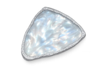 Polished triangular mother-of-pearl gemstone, showcasing iridescent surface and silver-trimmed edges against transparent backdrop