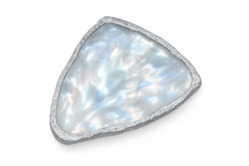 Polished triangular mother-of-pearl gemstone, showcasing iridescent surface and silver-trimmed edges against transparent backdrop
