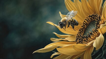 Bee on sunflower closeup