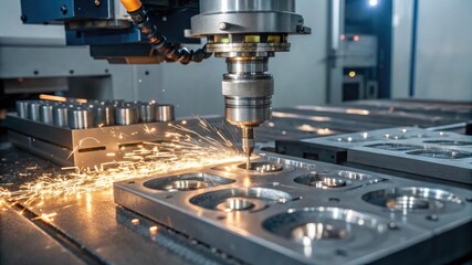 Create a close-up of CNC machines cutting metal parts in a factory.