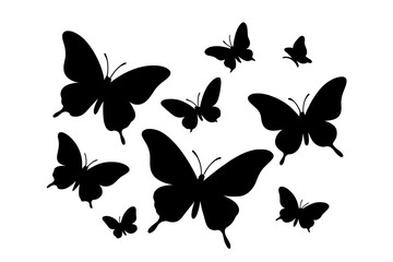 Black butterfly silhouettes flying in a graceful pattern against a plain white background creating a mesmerizing visual effect for designs
