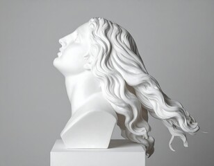 Fototapeta premium White marble bust of a woman with flowing hair, head tilted back, on a simple pedestal against a gray background