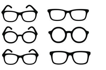 Collection of Stylish Eyeglasses Shapes on White Background for Vision Correction and Fashion Accessories Presentation six different pairs