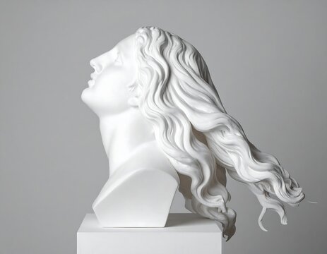 White marble bust of a woman with flowing hair, head tilted back, on a simple pedestal against a gray background