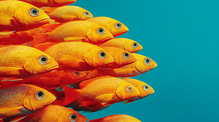 Fototapeta premium Vibrant school of yellow tropical fish in clear blue ocean