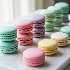 Fototapeta premium Assorted pastel macarons on white marble surface