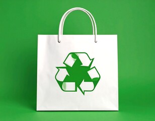 White paper shopping bag with green recycling symbol on a green background