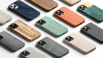 Assorted phone cases, various wood and stone-like patterns