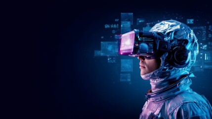 A person wearing a futuristic suit and VR headset, immersed in a digital environment with floating holographic interfaces.