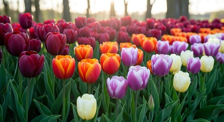 Vibrant Tulips in Full Bloom: A Colorful Symphony of Springtime Beauty and Sunlight