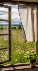 An open window with a flowing curtain overlooks a vibrant summer wildflower meadow and distant mountains under a bright sky. © Reno