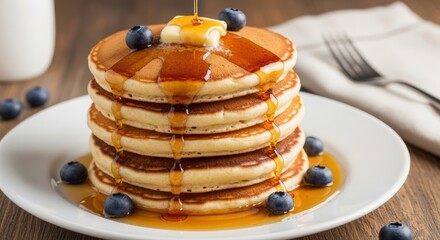 Syrup Cascading Down a Fluffy Pancake Stack with Butter and Fresh Blueberries