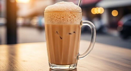 Tall Glass of Frothy Teh Tarik Ais Glistening in the Afternoon Sun