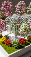 Glass greenhouse blooming tree colorful shrub spring garden architectural model miniature landscape sunlight vibrant peaceful creative design detailed structure. miniature glass greenhouse